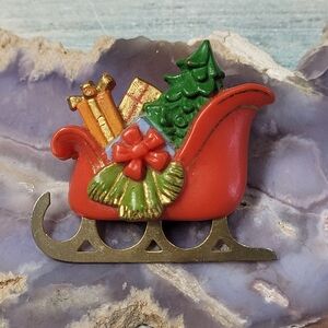 Hallmark Festive Red and Gold Sleigh Brooch.